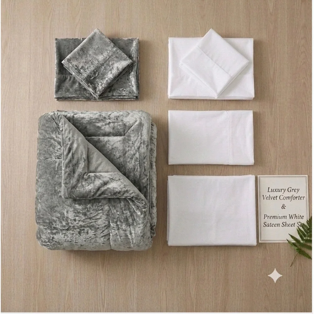 Luxury Velvet Comforter Set  9 pcs Cool Grey & Egyptian Cotton Sheet Set King